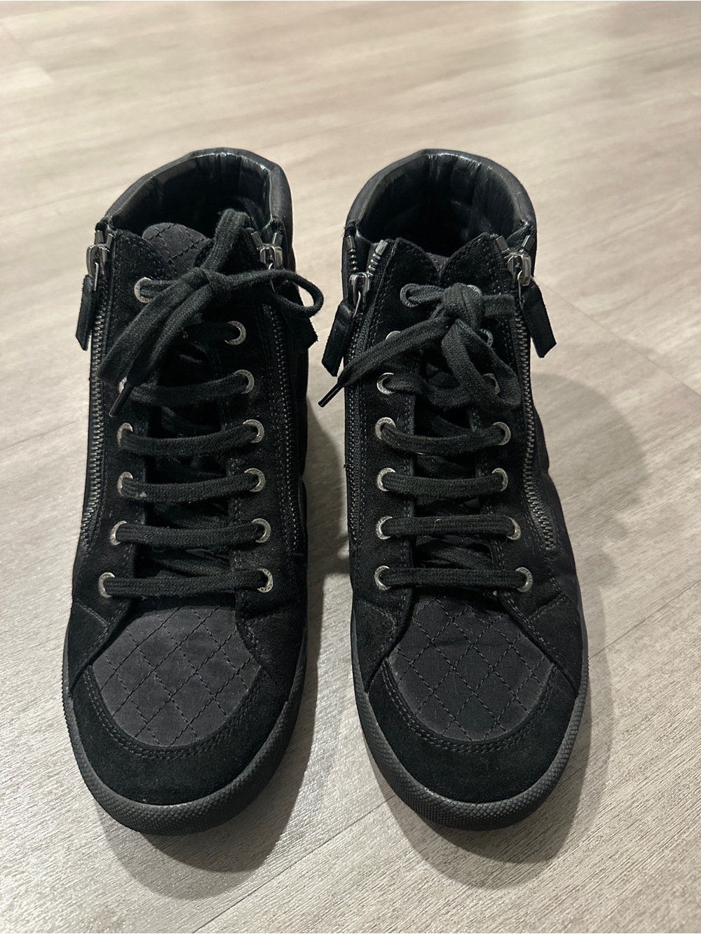 CHANEL Black Quilted High-Top Lace-Up Sneakers